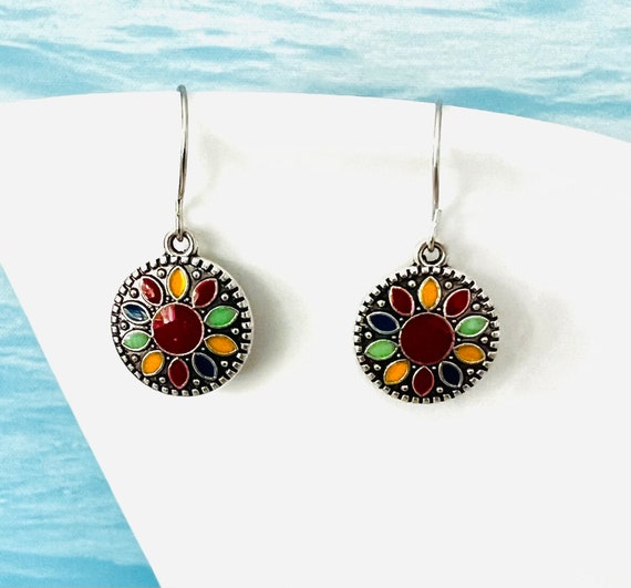 Small round earrings/Colorful boho earrings hanging/Silver red flower floral earrings/Hippie/Indian earrings/Boho hanging earrings/Gift