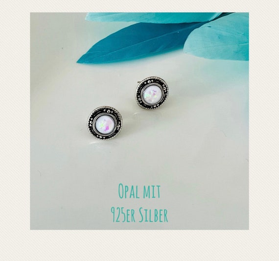 Small round opal earrings silver white/minimalist earrings 925 sterling silver glitter shimmering/Boho/Indian/ethnic stud earrings/Canada