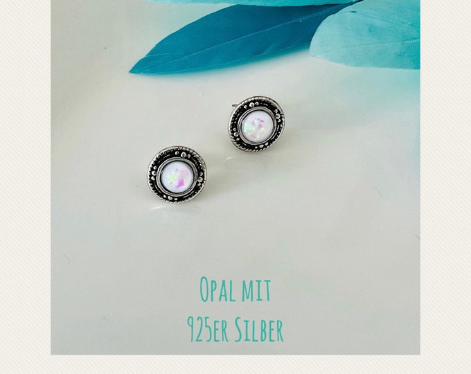 Small round opal earrings silver white/minimalist earrings 925 Sterling silver glitter shimmering/Boho/Indian/ethno stud earrings/Canada
