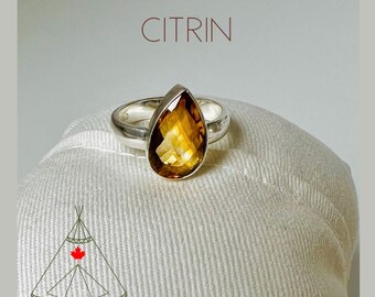 Citrine ring silver, gemstone ring orange yellow faceted, crystal statement ring, gemstone ring citrine*solitaire ring teardrop shape*ring with stone