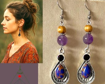 Amethyst earrings silver*Boho gemstone pearl earrings*Gemstone earrings*Gemstone earrings hanging*Gemstone earrings Amethyst purple