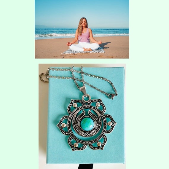 Lotus flower necklace/mandala necklace/lotus flower pendant/silver/turquoise/yoga/statement necklace/chakra/symbol flower/lucky charm/talisman/gift
