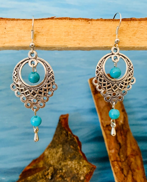 Turquoise silver blue hanging earrings light/Light Boho-Hippie Indian earrings turquoise blue/Party earrings hanging/unique gift