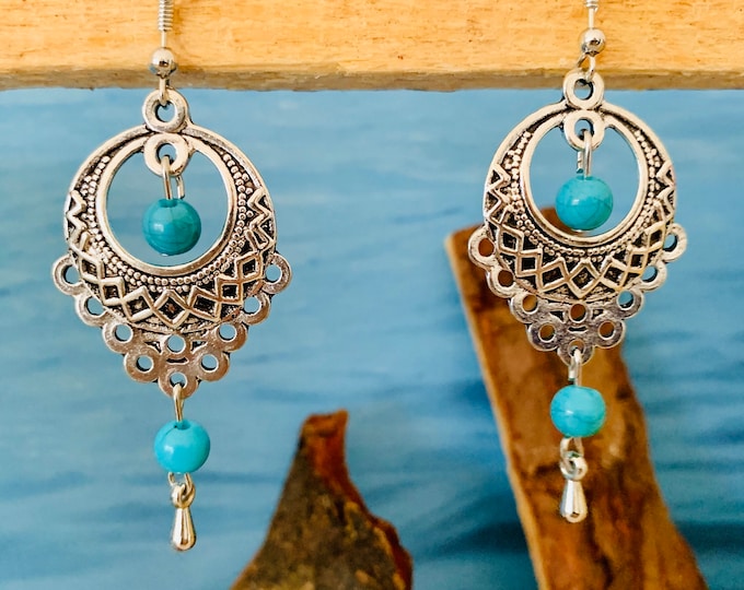 Turquoise earrings silver hanging*Boho earrings silver with pearls*Ethnic earrings turquoise silver*Turquoise earrings*Turquoise earrings Boho