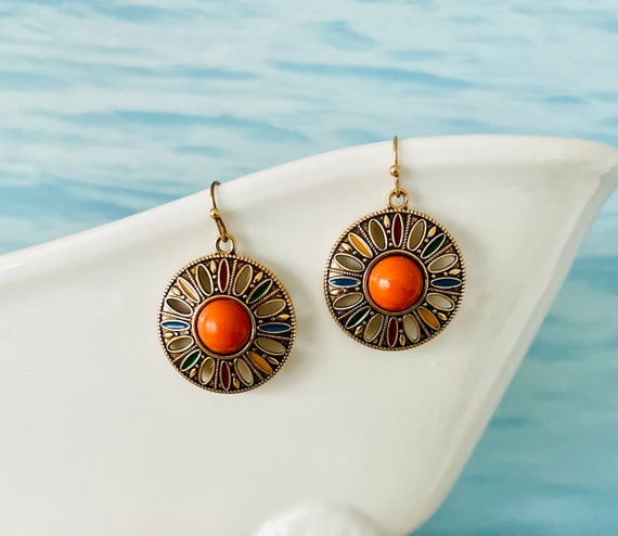 Gold orange round hanging earrings/colorful boho statement flower earrings round/floral flower hippie earrings colorful hanging/gift for her