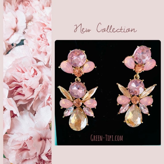 Pink crystal earrings long rose gold/crystal earrings hanging rose gold flowers/large statement earrings flower blossom/earrings wedding bride