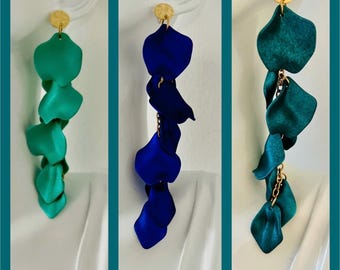 Large long hanging earrings emerald green turquoise blue*dark blue statement earrings hanging*eye-catching earrings*Long earrings Boho gold