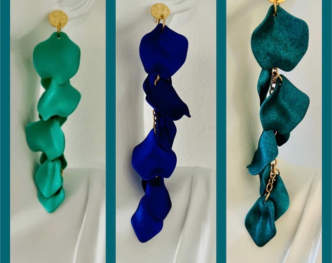 Large long hanging earrings emerald green turquoise blue*dark blue statement earrings hanging*eye-catching earrings*Long earrings Boho gold