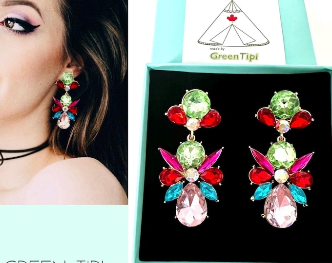 Large colorful earrings*Colorful glitter earrings*Colorful glass earrings*Colorful crystal earrings*Pink earrings*Pink sapphire earrings*Flower earrings