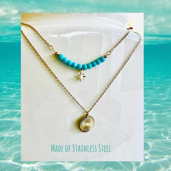 Turquoise gold layering necklace/sun moon galaxy star/blue gold women's necklace/cosmic jewelry/sun pendant/eclipse/polar star