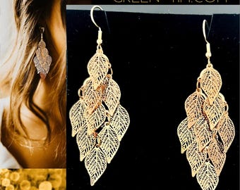 Gold hanging earrings*Lightweight long earrings*Golden statement earrings*Gold leaf earrings*Wedding Boho earrings*Gold leaf earrings