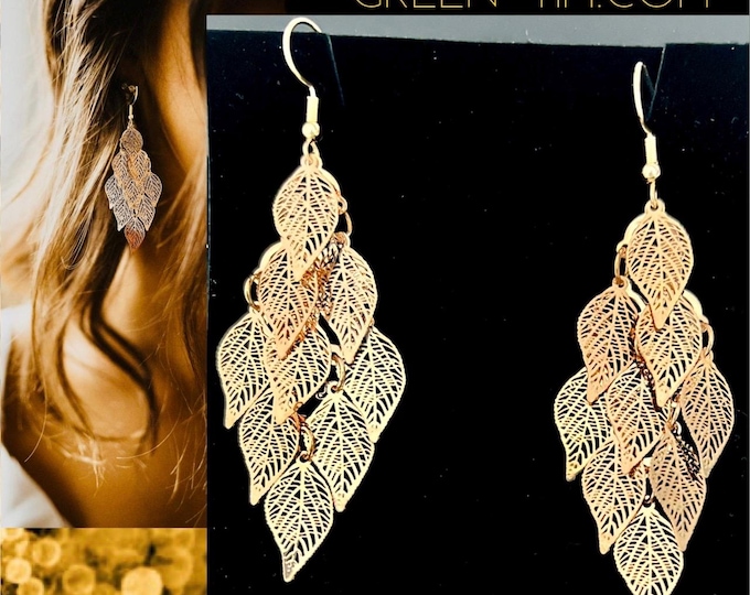 Gold hanging earrings*Lightweight long earrings*Golden statement earrings*Gold leaf earrings*Wedding Boho earrings*Gold leaf earrings