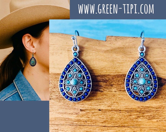 Ethnic earrings turquoise silver*drop earrings hanging*earrings turquoise rocaille*Boho jewelry*small earrings pearls blue*gift cowgirls