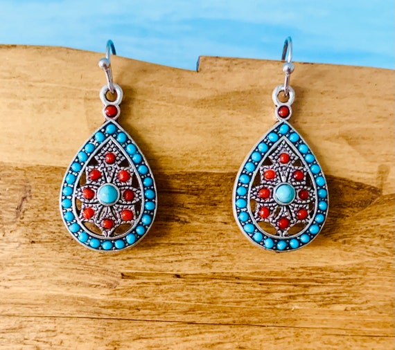 Ethno earrings turquoise silver red drop shape leaf/Boho/Hippie/Indian jewelry/Dangle earrings/Drop earrings hanging blue/Canada Western