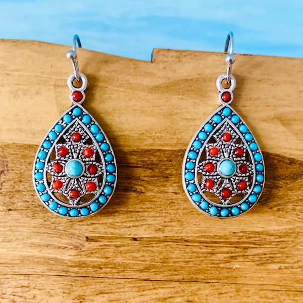 Ethno Ohrringe türkis silber rot tropfenform Blatt/Boho/Hippie/Indianer Schmuck/Hängeohrringe/Tropfen Ohrringe hängend blau/Kanada Geschenk