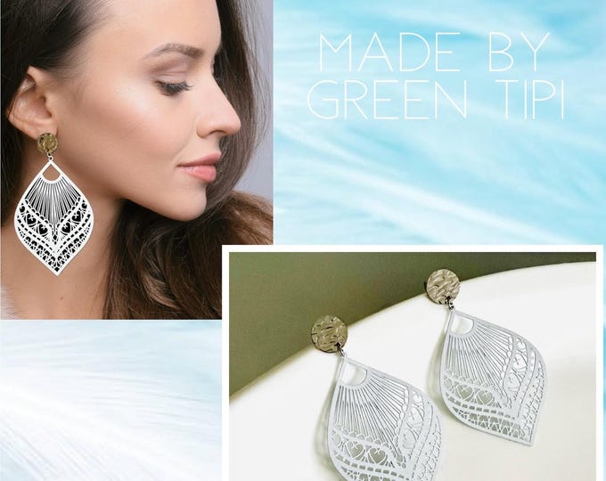 White flat earrings*White Boho earrings*White silver earrings*White statement earrings*White ornament earrings*White leaf hanging earrings*