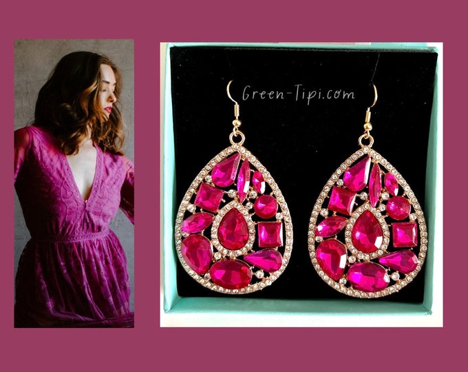 Large crystal earrings pink drop teardrop shape/dangle earrings gold pink/statement earrings leaf, eye-catching earrings hanging wedding party