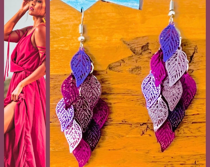 Earrings silver hanging pink, long earrings purple, large light hanging earrings leaf leaves, boho colorful earrings long eye-catching, gift