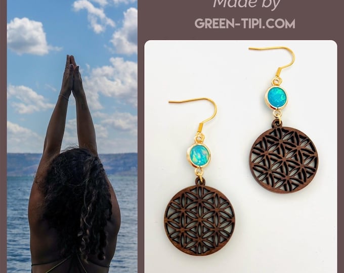 Wooden earrings flower hanging round, mandala opal blue turquoise gold hanging earrings, flower of life earrings geometric*spiritual gift
