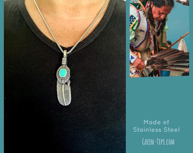 Feather necklace silver*Feather necklace blue*Feather necklace silver*Indian jewelry turquoise*Indian necklace men*Feather pendant*Silver feather