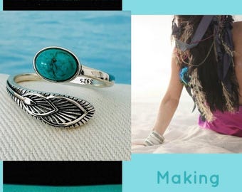 Boho ring silver gemstone*Turquoise silver ring feather*adjustable ring blue green with stone/open ring silver adjustable*Ladies silver ring