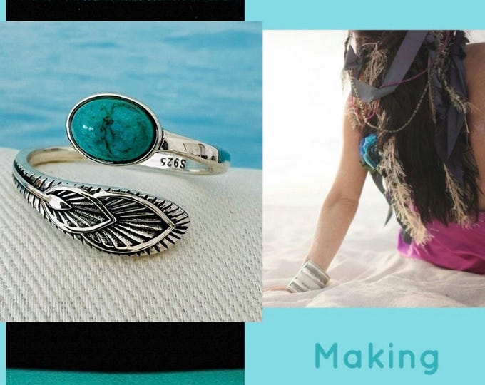Boho ring silver gemstone*Turquoise silver ring feather*adjustable ring blue green with stone/open ring silver adjustable*Ladies silver ring