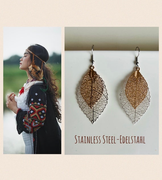 Bicolor earrings gold silver/leaf/leaves hanging earrings/statement hanging earring/feather/native american jewelry/teardrop/boho earrings/gift