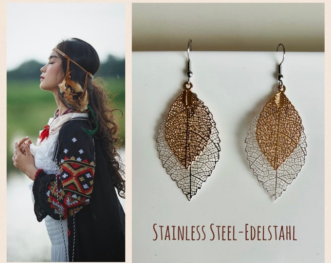 Leaf earrings hanging*Bicolor leaf earrings gold silver*Bicolor hanging earrings*Earrings bicolor hanging*Leaf earrings gold*Leaf jewelry