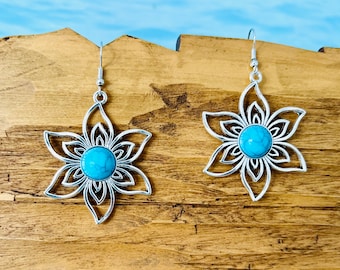 Flower earrings silver blue, blue flower earrings hanging, large long hanging earrings turquoise green blossom flower statement earrings, gift