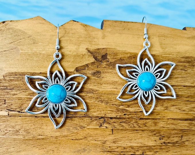 Flower earrings silver blue, blue flower earrings hanging, large long hanging earrings turquoise green blossom flower statement earrings, gift