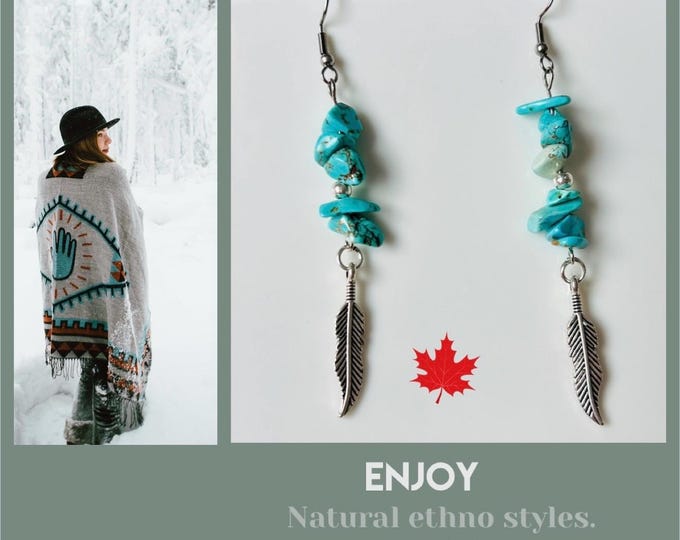Turquoise earrings silver*Feather earrings blue*Feather earrings silver long*ethnic jewelry turquoise*Indian jewelry*Earrings with stone