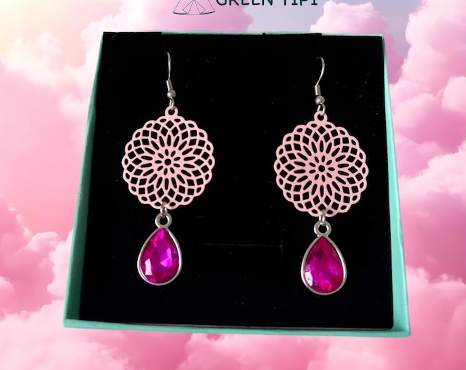 Pink earrings*Pink dangling earrings*Mandala earrings with glitter*Flower of life earrings*Flower of life earrings*Yoga jewelry