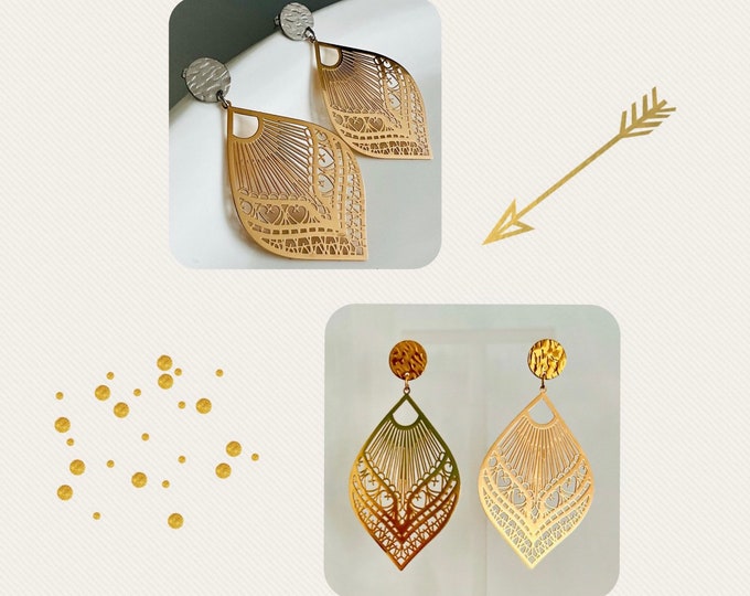Large hanging earrings gold*Bicolor silver gold earrings hanging*Drop shape statement earrings*Leaf earrings*Boho ornament earrings golden