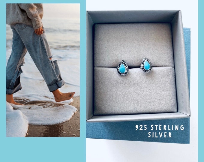 Stud earrings silver turquoise blue/Earrings ethnic girl/minimalist drop earrings teardrop shape/Indian jewelry/Boho/Hippie/Canadian woman