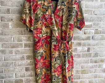 plus size vintage dress silk 1990 90s leaf print safari style shirt dress 16 xxl 1x 2x