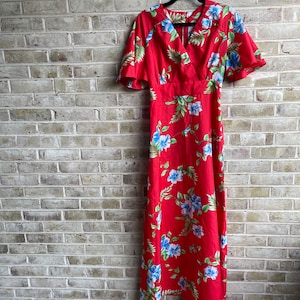vintage dress 1980 80s Hawaiian tropical cherry red sundress medium