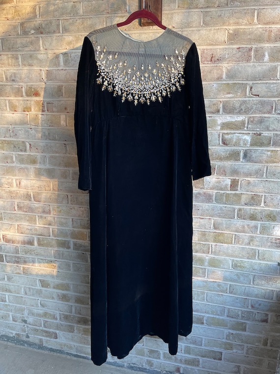 Vintage Dress Velvet Gown 1960 60s Black Velvet Sparkle Beading Evening Holiday 16 Large