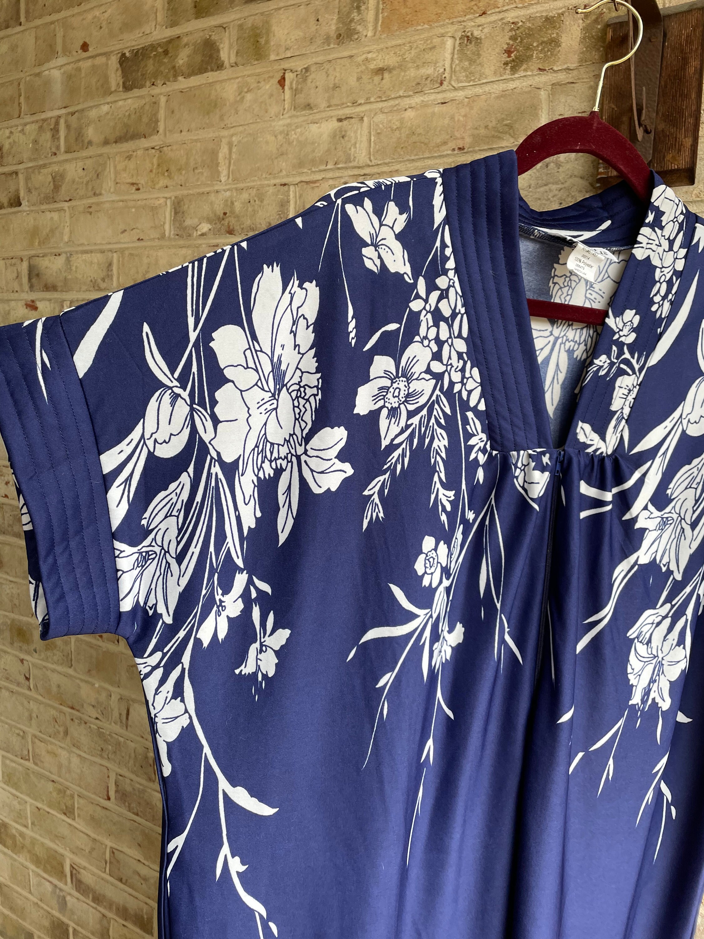 Vintage Robe Dress 1980 1990 Navy Blue White Bamboo Leisure Etsy