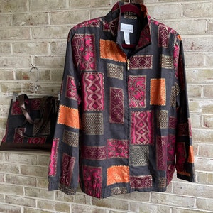 Vintage jacket bag set boho bohemian bomber jacket gold accents 1990 90s Draper’s and Damon’s size large 12 14 faux leather bag purse