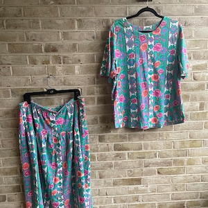 plus size vintage dress set shirt skirt 1980 80s tropical matching set boho pastel Fun Dimesions cotton 2x 20 22 xxl