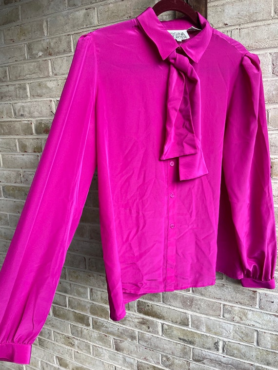 Plus size vintage blouse magenta bow 1990 90s boh… - image 3