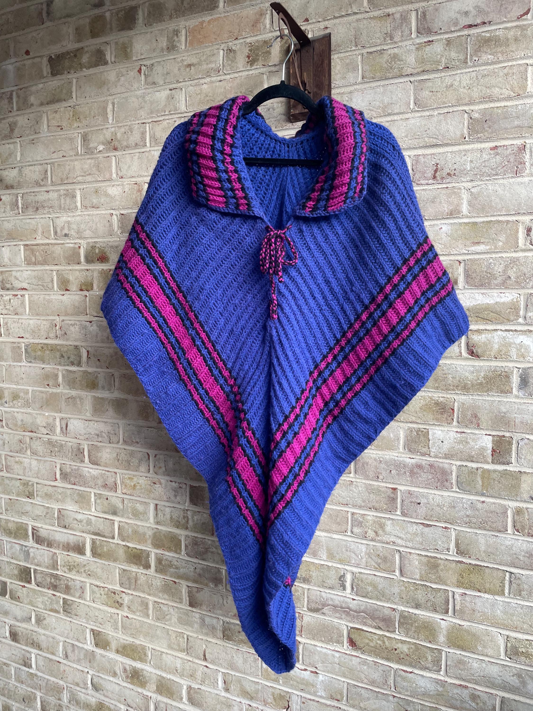 Vintage Poncho 1980 80s Handmade Homemade Purple Pink Black Hippie