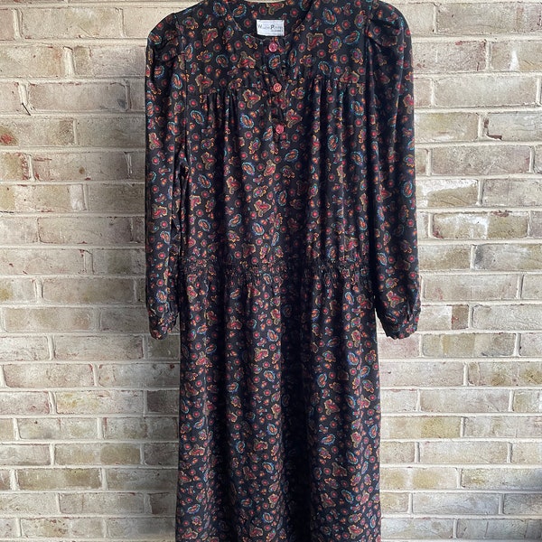 Vintage dress boho bohemian paisley 1990 90s Henley front puff sleeve Gemini II size 14 16 18 xl xxl 1x