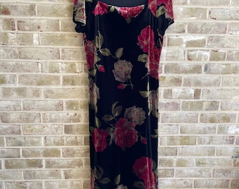 plus size vintage dress 1990 90s stretch velvet column dress roses boho size 16 1x