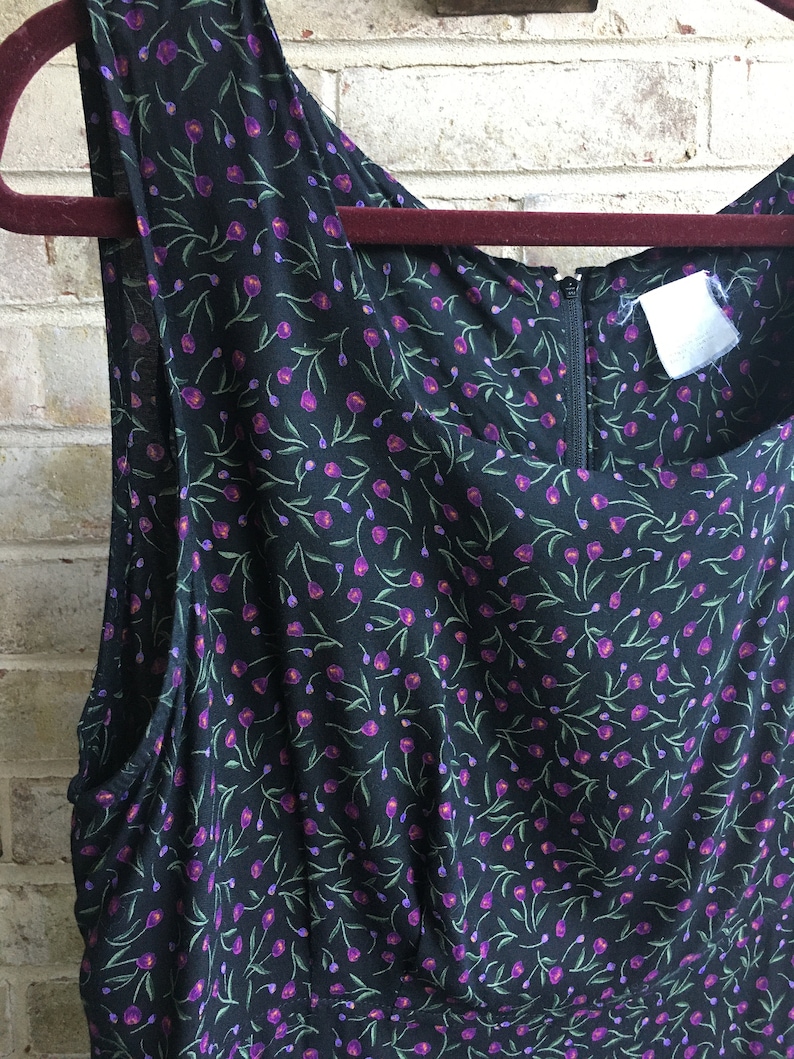 Plus size vintage dress boho bohemian grunge tank violets purple on black 1990 90s rayon size 16 18 xl 1x 2x