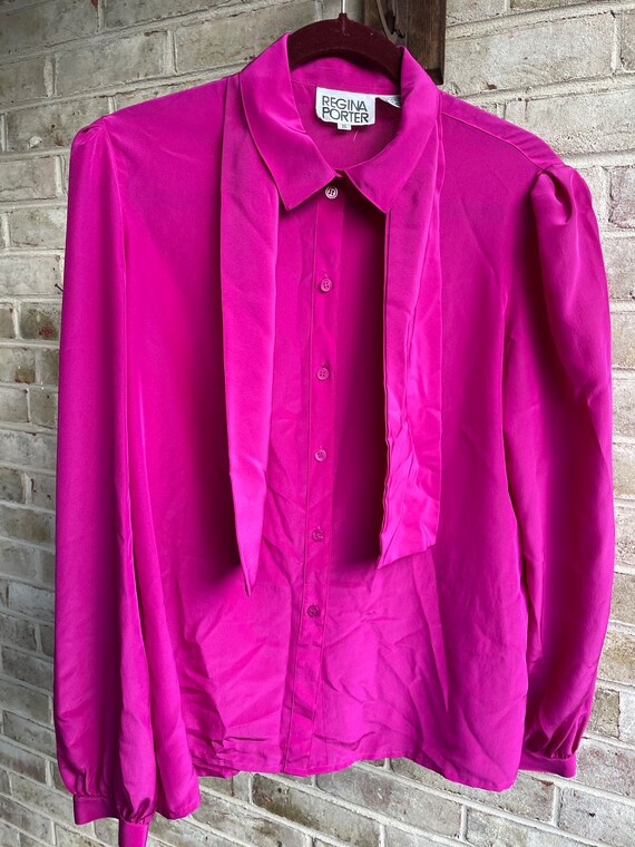 Plus size vintage blouse magenta bow 1990 90s boh… - image 5