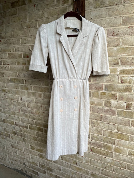 Vintage dress 1980 khaki linen•like material prep… - image 1