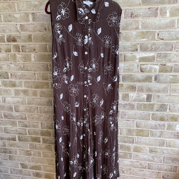 Plus size vintage dress boho bohemian 1990 90s chocolate brown white rose embroidery hippie sundress shirt dress size 22 20 xxl 2x