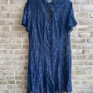 Plus size vintage dress lace 1990 90s navy blue goth boho grunge keyhole sparkle button corset back flutter sleeve size 20 xxl 2x 3x