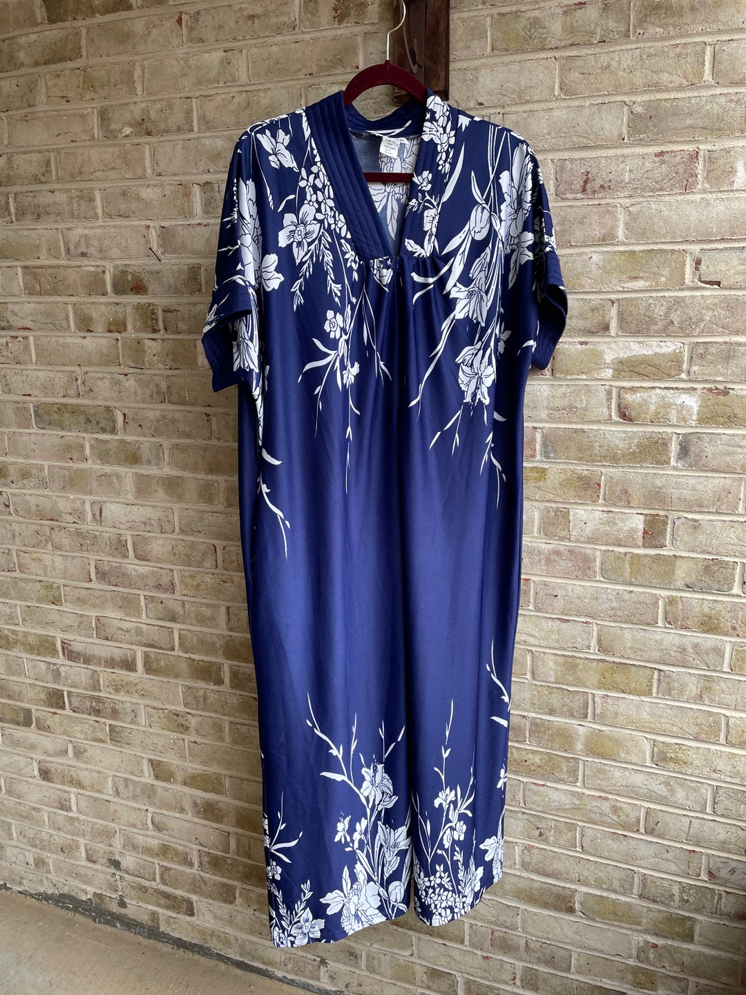 Vintage Robe Dress 1980 1990 Navy Blue White Bamboo Leisure Lounge